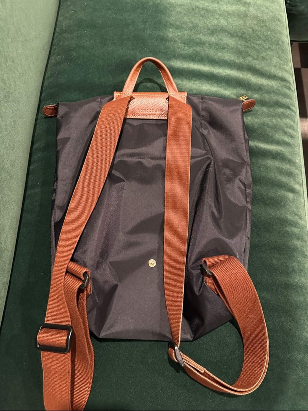 Longchamp Le Pliage M Black Nylon Backpack with Brown Leather Flap - Picture 3 of 6